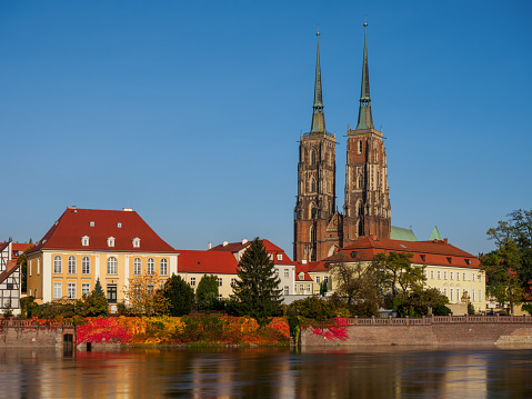 View at Tumski island, Cathedral of St John the Baptist and river Odra.Wroclaw. Poland.