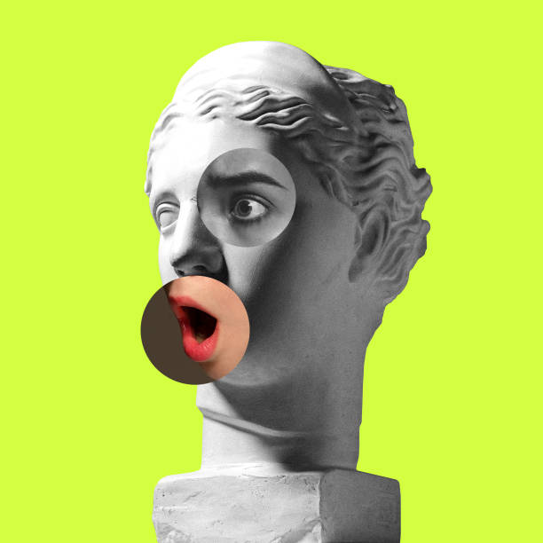 Collage with plaster head model and female portrait. Modern design. Contemporary colorful art collage. Collage with plaster head model, statue and female portrait isolated on green background. Negative space to insert your text. Modern design. Contemporary colorful and conceptual bright art collage. bust sculpture photos stock pictures, royalty-free photos & images