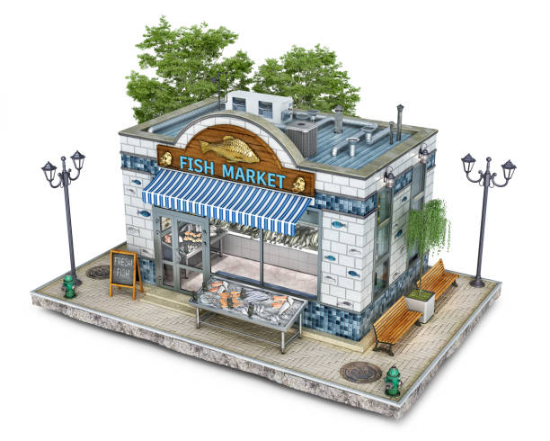 Small fish market building in blue and white tones, 3d illustration