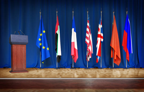 istock Tribune for speaking on a blue background 3d illustration 1291763888