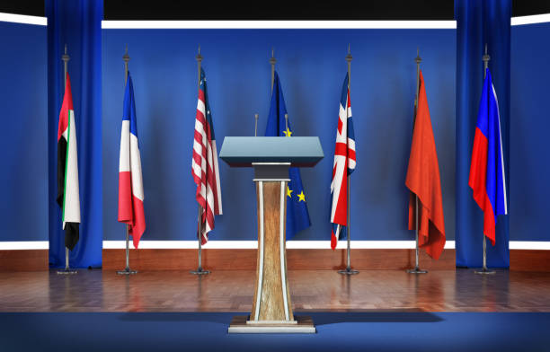 istock Tribune for speaking on a blue background 3d illustration 1291763908