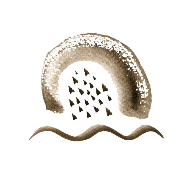 istock Watercolor abstract hand drawn illustration with sepia textured shape, line and dots. A square picture with a white background. 1291763994