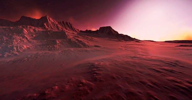 mars-umgebung. berge mit gelbem nebel bedeckt. 3d-illustration. rote berge in der wüste. - in bodenhöhe stock-fotos und bilder