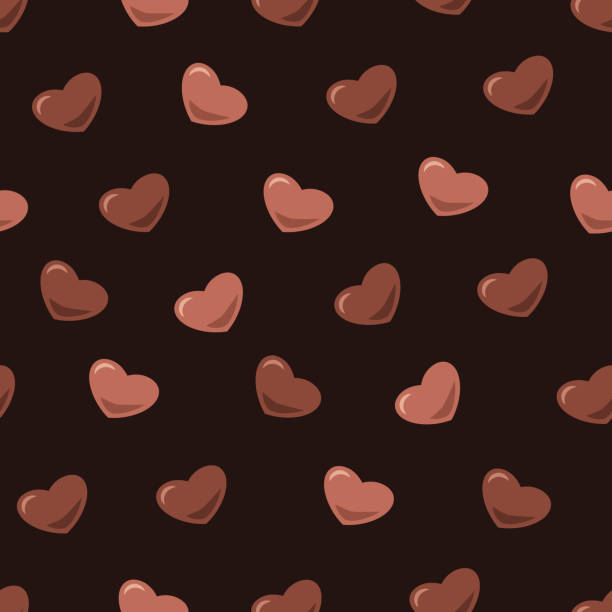 다크 브라운 배경에 초콜릿 하트가 있는 브라운 패턴. 매끄러운 발렌타인 데이 배경 연인. 만화 스타일 배경. - chocolate heart shape backgrounds food stock illustrations