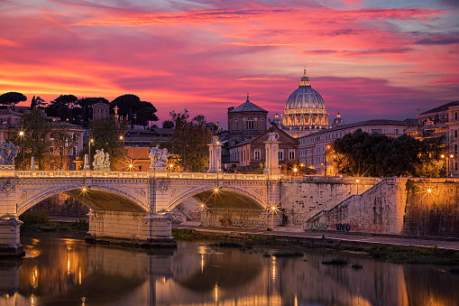 Spectacular Sunset over Tiber and St. Peters Basilica, Vatican, Rome, Italy
