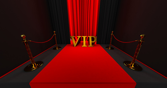 Red carpet on the stairs on a dark background with golden VIP word, The path to glory, 3D render