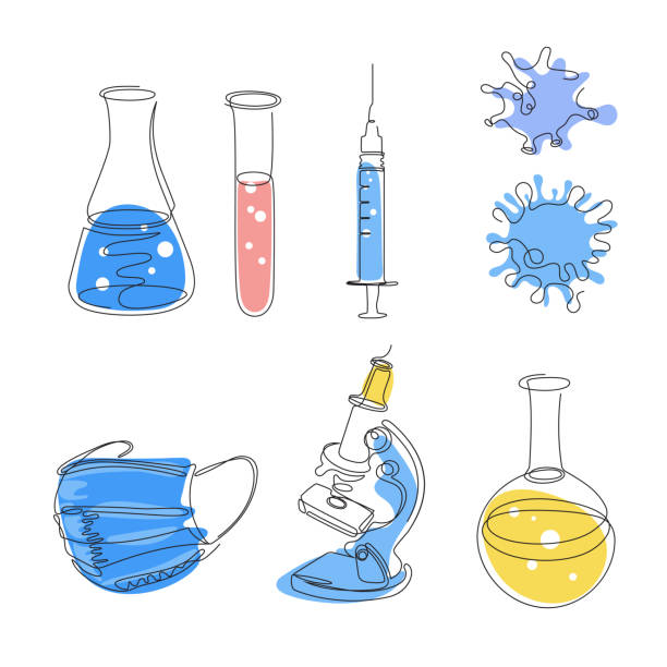 ilustraciones, imágenes clip art, dibujos animados e iconos de stock de conjunto de ilustraciones médicas. microscopio, máscara, tubos de ensayo. línea continua. - laboratory equipment illustrations