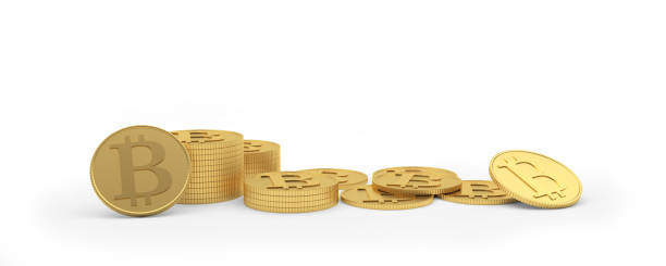 istock Golden bitcoin coins on white. 1291766864