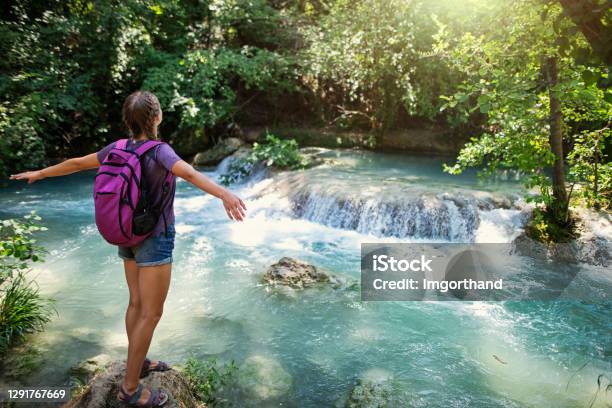Teenage Girl Hiking Near River Elsa In Tuscany Italy Stock Photo - Download Image Now