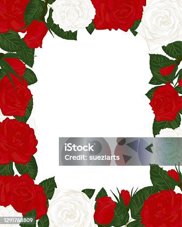 istock Frame background in vintage roses, leaves and buds with textspace. Vector illustration 1291768809