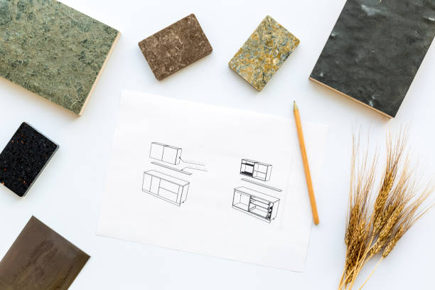 istock Interior sketch and blueprints with material color samples, top view 1291771028