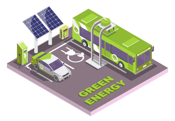 Electric vehicle charging station, electromobile and city public bus, vector flat isometric illustration. Eco transport. Isometric eco transport, electric vehicle charging station with solar panels, flat vector illustration. Electromobile and city public bus. Green energy. ev charging stock illustrations