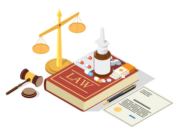 법책에 등대 의학 약물, 정의의 비늘, 판사 망치, 평면 벡터 일러스트. 제약법. - lawsuit stock illustrations