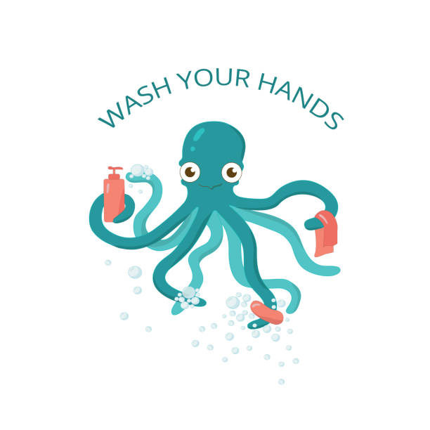 Print Wash your hands - kids self care protection 2020 pandemy. Octopus with soap illustration for kindergarden, primery school, playground. Vector stock illustration isolated on white background. EPS10 school cleaning stock illustrations