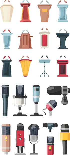 Conference stage. Podiums for speakers business tribune with microphones fashion audience vector Conference stage. Podiums for speakers business tribune with microphones fashion audience vector. Illustration stage seminar and speaker, podium meeting microphone designs stock illustrations