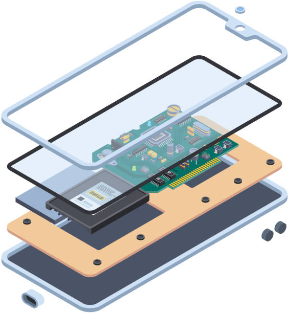 Smartphone hardware. Isometric layers of inside touch screen gadgets or tablet pc motherboard mobile vector repair service concept Smartphone hardware. Isometric layers of inside touch screen gadgets or tablet pc motherboard mobile vector repair service concept. Smartphone hardware, screen equipment innovation illustration disassembling stock illustrations