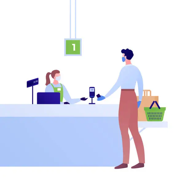 Vector illustration of Grocery checkout in covid19 pandemic. Vector flat person illustration. Man customer and woman cashier in face medical mask. Contactless payment by smartphone. Supermarket cash register.