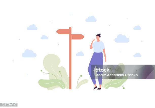 Life Choice Psychology Concept Vector Flat Person Illustration Woman Standing Near Road Direction Sign Nature Symbol Background Female Character Life Change Crossroad Stock Illustration - Download Image Now