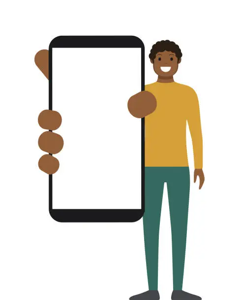Vector illustration of Man showing a blank smart phone screen. Cartoon vector stock illustration