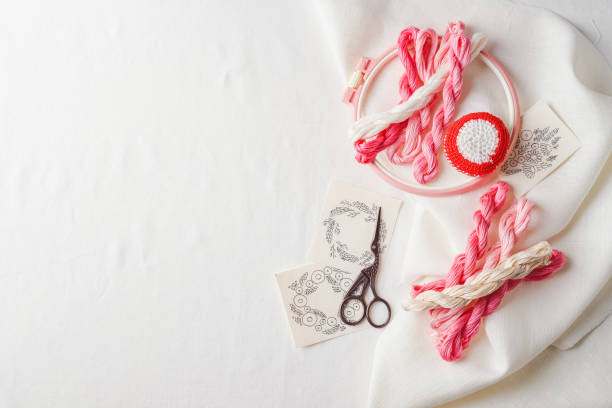 istock Embroidery set. Linen fabric, embroidery patterns, embroidery hoop, colorful threads and needls. 1291780107