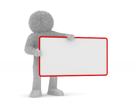furry man with banner on white background. Isolated 3D illustration