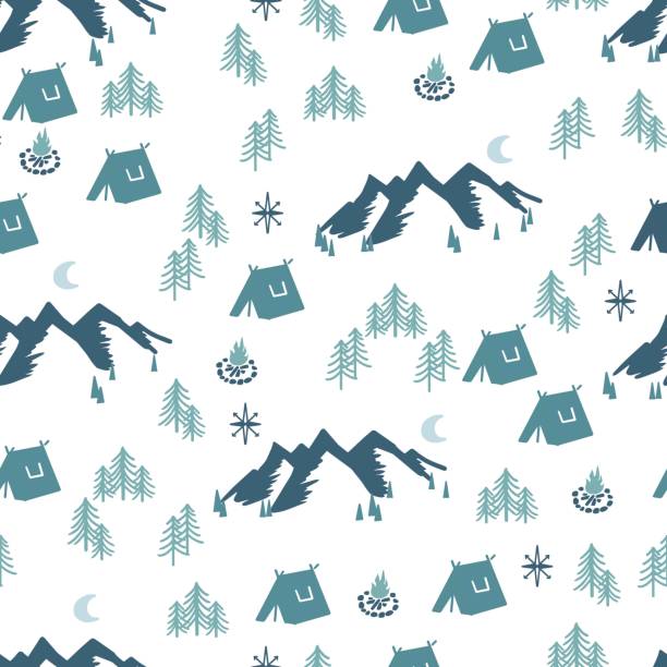 Green Mountain Forest Camping Vector Graphic Seamless Pattern Green Mountain Forest Camping Vector Graphic Illustration Seamless Pattern can be used for Background and Apparel Design camping patterns stock illustrations
