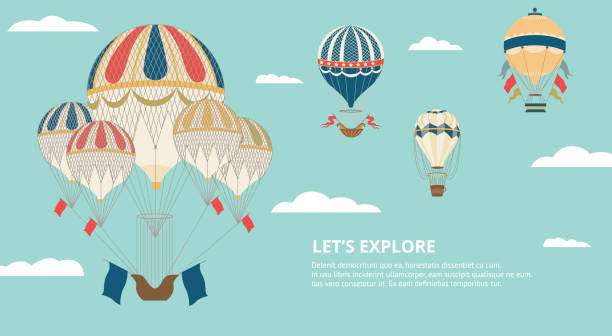 ilustrações de stock, clip art, desenhos animados e ícones de banner with colorful hot air balloons in the sky a vector illustration - balão enfeite
