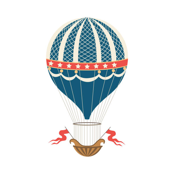 Vintage hot air balloon for unusual adventure and journey a vector illustration. Vintage blue hot air balloon with flags and basket for passengers. Unusual transport for flying high in sky, travel, adventure and tourism. Flat vector isolated illustration. unusual basket stock illustrations
