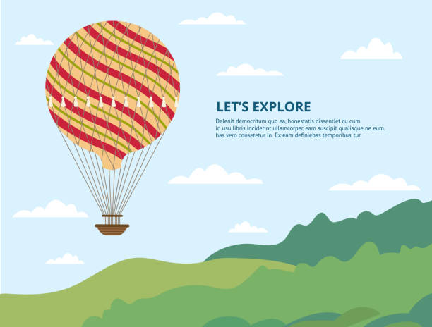 ilustrações de stock, clip art, desenhos animados e ícones de hot air balloon flying in sky over summer nature - cartoon banner - air nature high up pattern