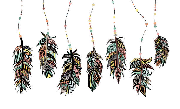 zestaw pięknych kolorowych injun plemiennych piór z koralikami ilustracją wektorową. - injun stock illustrations