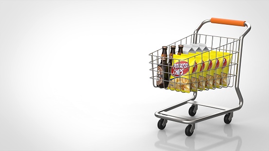 Wooden toy cars in a shopping cart - concept of automotive market