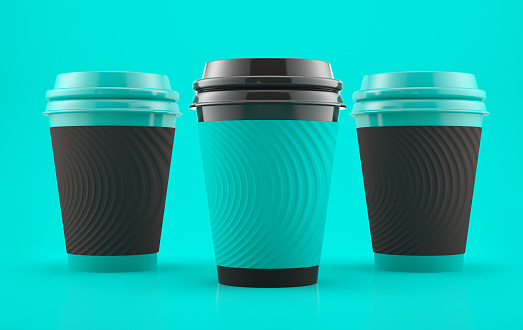 Paper coffee cups mockup isolated on ocean color background.