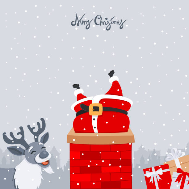 Santa Claus stuck in chimney. Santa claus stacking in the chimney with reindeer on roof smoke stack stock illustrations
