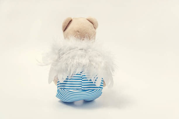 A teddy bear with angel wings sits on the white background. Back view, toned, copy space
