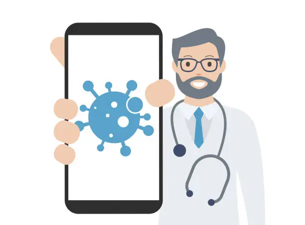 Vector illustration of Doctor showing a blank smart phone screen with virus app. Cartoon vector stock illustration