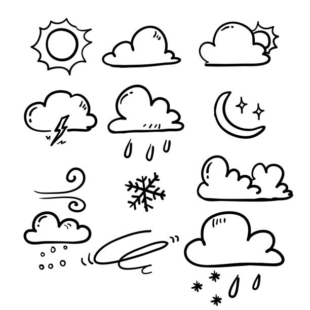 ilustraciones, imágenes clip art, dibujos animados e iconos de stock de dibujado a mano doodle clima icono ilustración vector aislado - cloud drawing heat cold