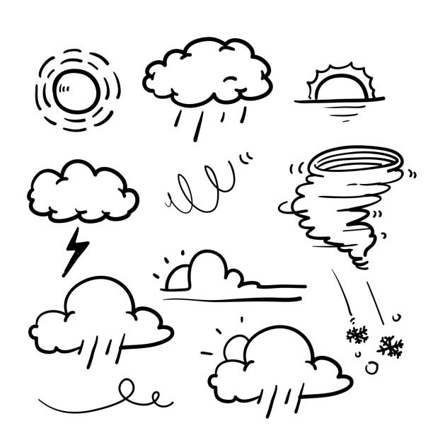 ilustraciones, imágenes clip art, dibujos animados e iconos de stock de dibujado a mano doodle clima icono ilustración vector aislado - cloud drawing heat cold