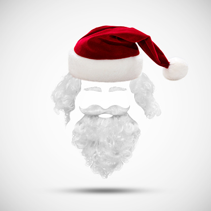 Santa Hat and beard. Costume. Merry christmas concept greeting card