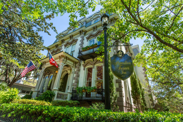 Hamilton-Turner Inn Savannah Georgia Savannah, GA / USA - April 18, 2016: Former home of Samuel Hamilton, The Hamilton Turner Inn is on Lafayette Square in Savannah, Georgia's world famous historic district. country inn stock pictures, royalty-free photos & images