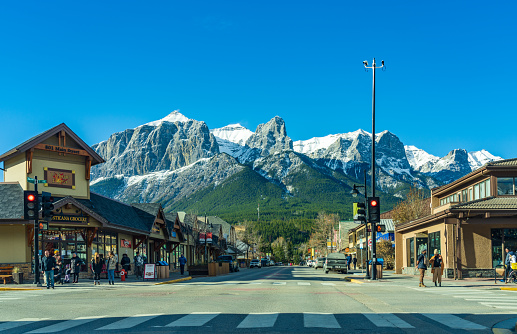 Town of Canmore Street view in late fall to early winter season. AB, Canada