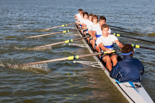 A women’s rowing team racing at Foot of the Charles on the Charles River in Cambridge, Massachusetts, USA, November 11, 2023.