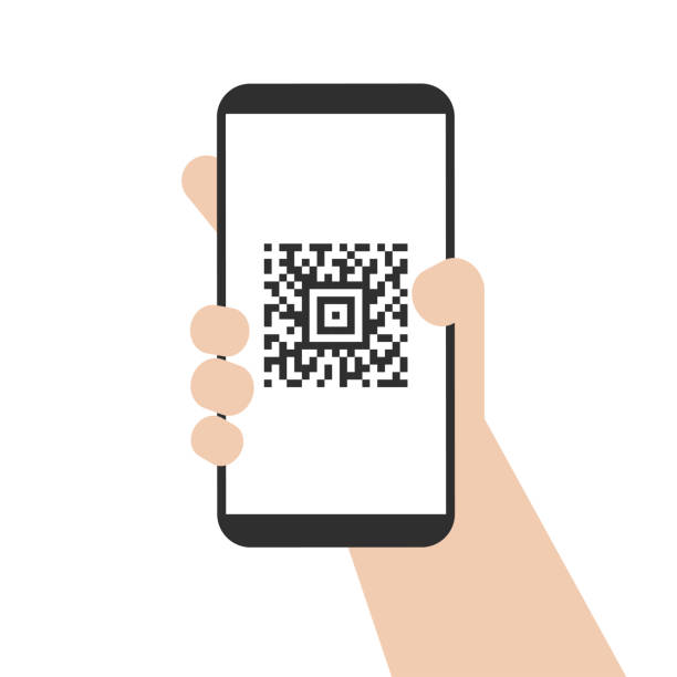 illustrations, cliparts, dessins animés et icônes de smartphone de fixation de main avec le code de qr sur l’écran. illustration vectorielle du téléphone portable dans la main. isolé sur fond blanc. modèle - coding qr code two dimensional shape bar code