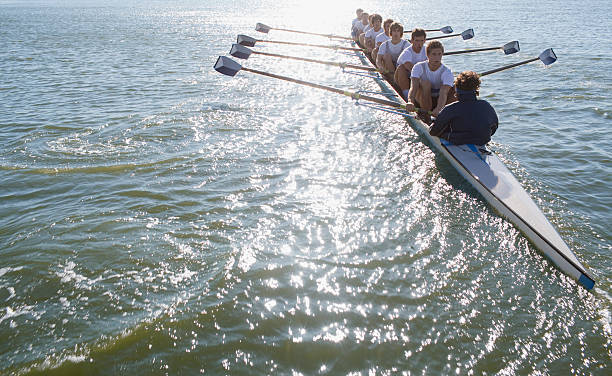 menschen sitzen in einer reihe oaring boot - paddeln stock-fotos und bilder