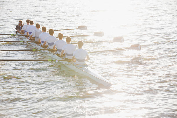 vista traseira de pessoas sentado em uma canoa - oar rowing sport rowing team - fotografias e filmes do acervo