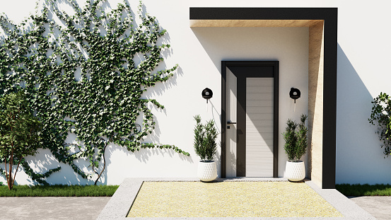 Large patio in modern home entrance with white walls and ivy growing on the side.