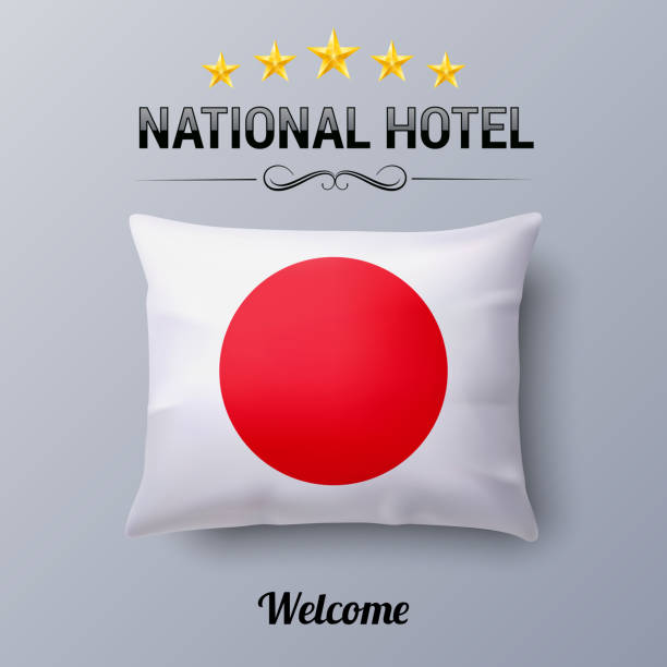 Pillow and Flag of Japan Realistic Pillow and Flag of Japan as Symbol National Hotel. Flag Pillow Cover with Japanese flag red cushion covers stock illustrations