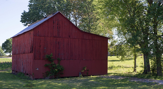Single red barn in a rural setting.