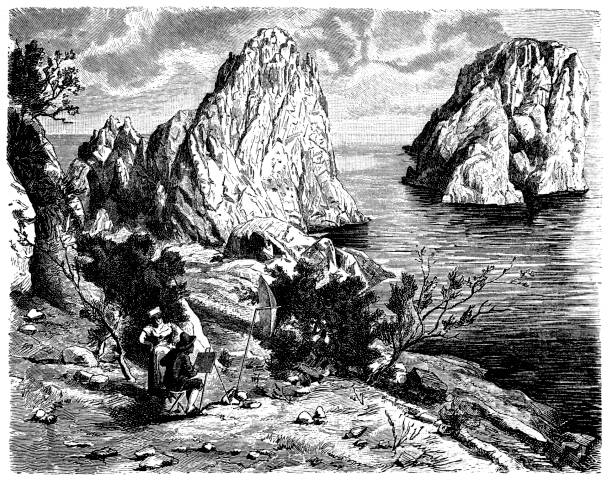 illustrations, cliparts, dessins animés et ic�ônes de paysage marin à capri - engraving engraved image coastline illustration and painting