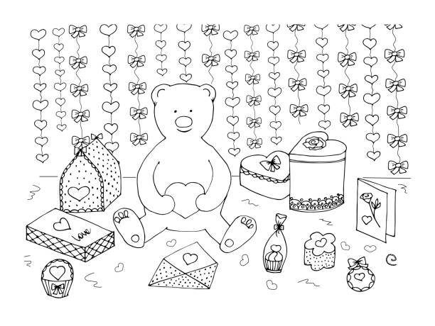ilustrações de stock, clip art, desenhos animados e ícones de coloring book bear with gifts for valentine's day - rose plant sketch doodle