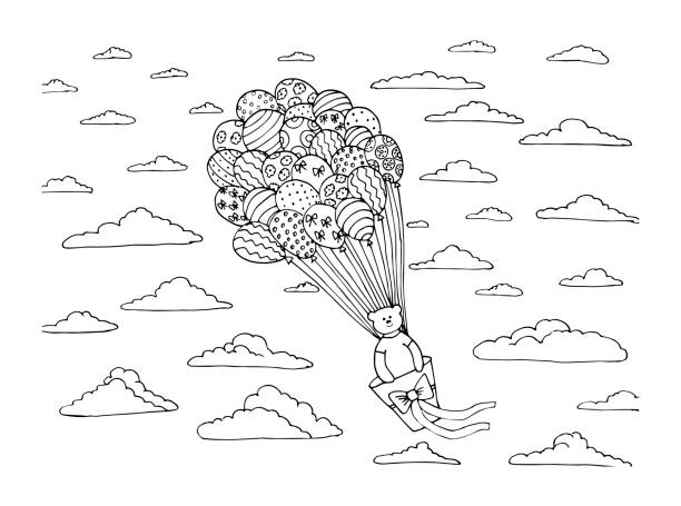 kolorowanka z niedźwiedziem i balonami - bear teddy bear characters hand drawn stock illustrations